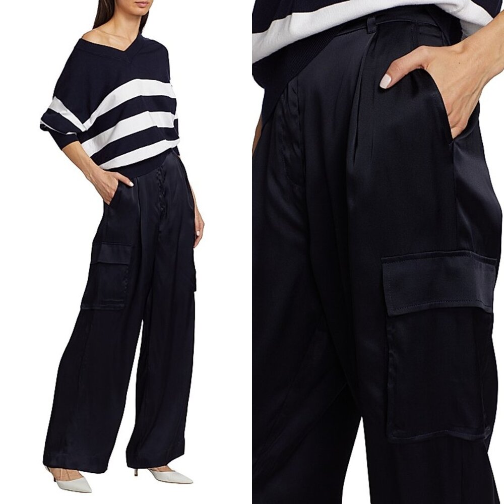 Marella Birillo Navy Satin Cargo Wide-Leg Pants • Size 10 • High-Rise Luxe NWT